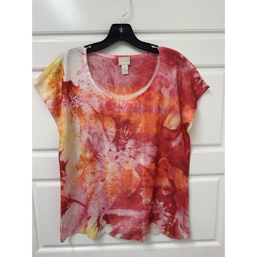 Chicos Colorful Beaded Floral Blouse Top Short Sleeve Pink Orange Red Size 1 S